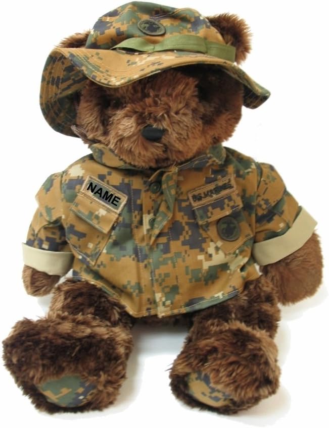 Stuffed 18" plush teddy bear in personalized custom embroidered Corps Woodland MarPat Utility Military Uniform-DigiCams