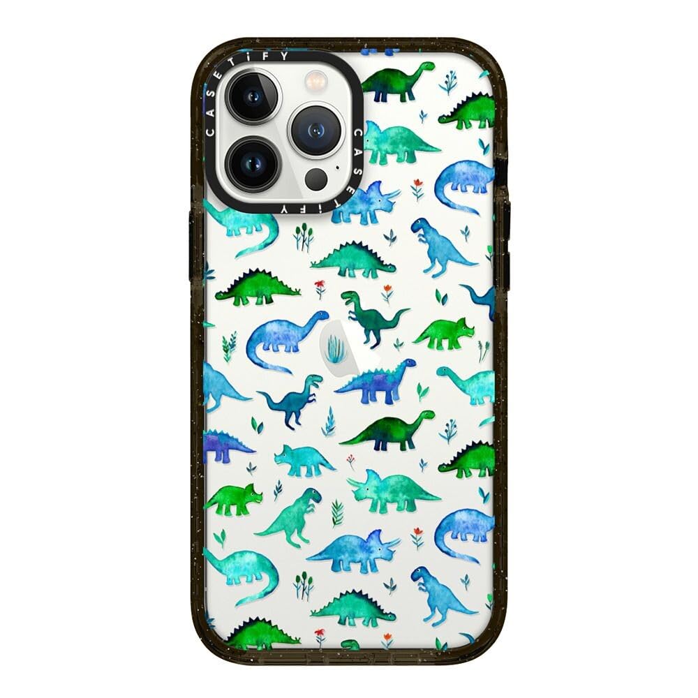 CASETIFY Impact iPhone 13 Pro Max Case [6.6ft Drop Protection] - Tiny Watercolor Dinos on Transparent - Clear Black Image