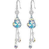 925 Sterling Silver Aurora Borealis Crystal Dangle Earrings, Austrian Crystal Baroque Drop Tassel Earrings for Women, Handmade Elegant Statement Jewelry