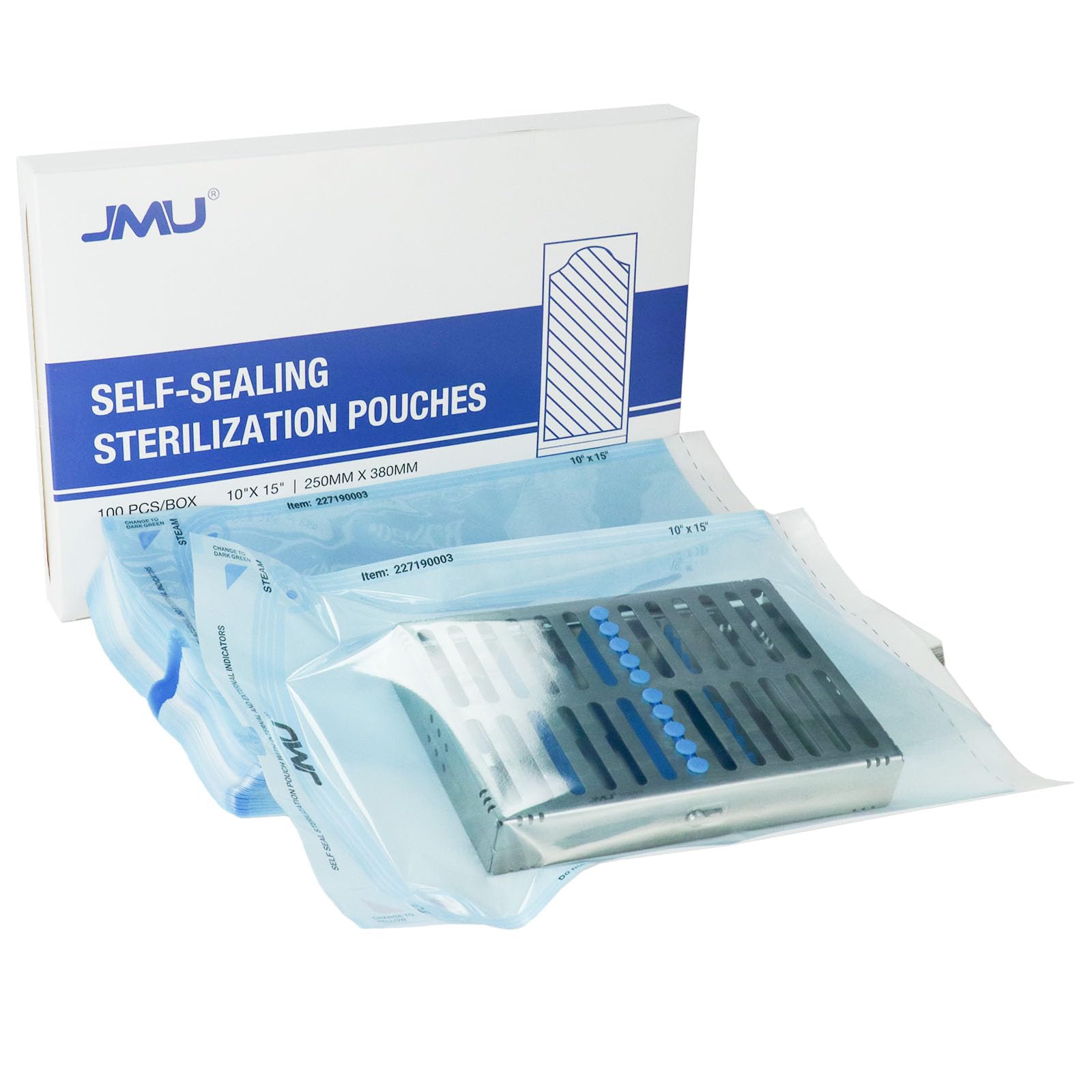 JMU Self Sealing Sterilization Pouches 10"x15", Sterilization Bags, Color Changing Indicator, 1000pcs/Box Image