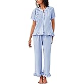 Flygo Womens Striped Pajama Sets 2 Piece Cotton Pjs Lounge Set Ruffle Button Down Tops Long Pants Soft Sleepwear with Pockets
