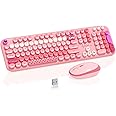 Wireless Keyboard Mouse,104 Full Size Cute Colorful Keyboard and Mouse with Retro Typewriter for PC/Mac/Laptop/Tablet/Computer/Windows/Microsoft, Pink