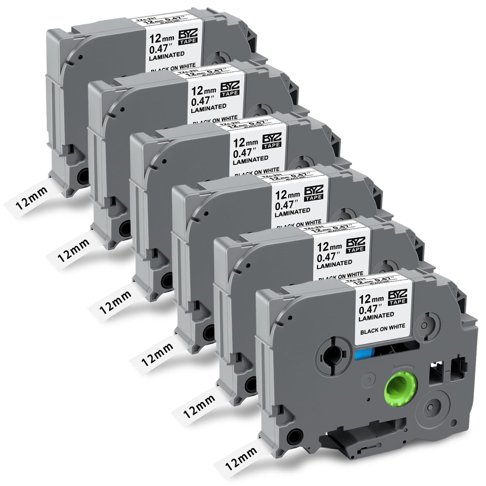 Tze-231 Compatible with Brother P-Touch 12mm 0.47 Laminated Label Tape Black on White Tze Tape for Brother Label Printer, for H110 E110 H100R H100LB H108 H101C H200 D210VP P300BT 1000, 6-Pack