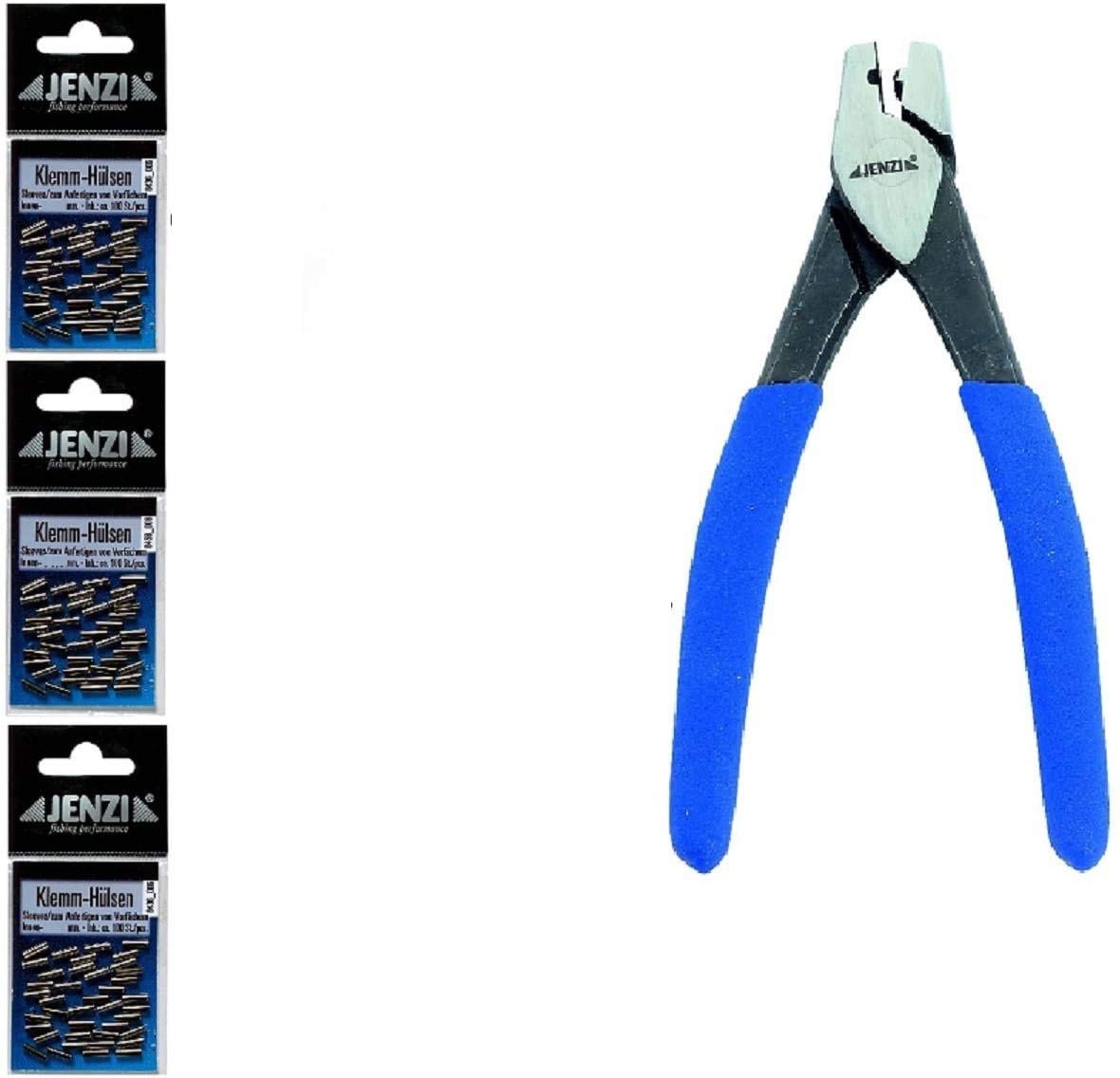Jenzi Practical clamping sleeves set with sleeve pliers and approx. 300 crimp sleeves (3 sizes: 1.4 mm, 1.6 mm and 1.8 mm) + free Petri Heil! sticker.