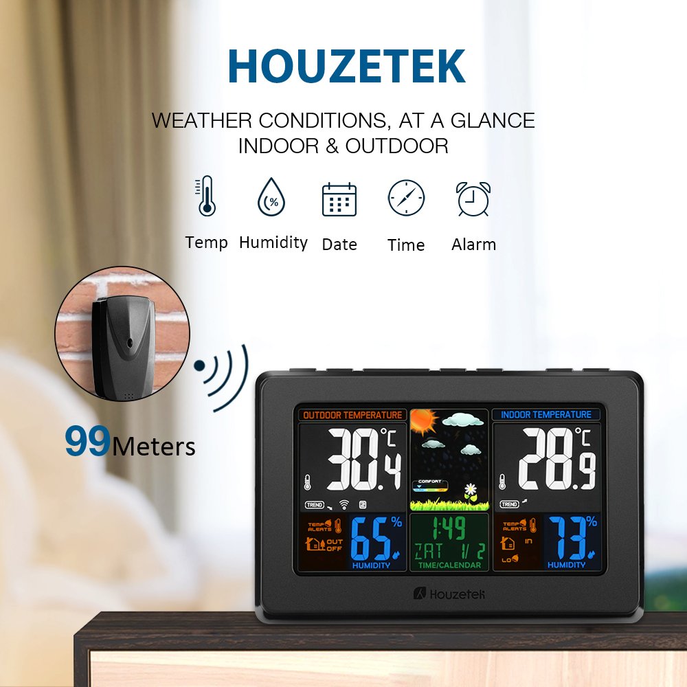 Wireless Weather Station, Houzetek S657 Indoor Outdoor Thermometer Color Home Alarm Clock with Temperature and Humidity Monitor, Large Display Digital Tabletop Hygrometer Outdoor Sensor, USB Port