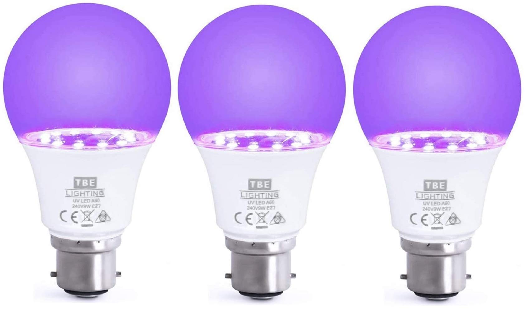 TBE LIGHTING UV LED Bulbs - 3 Pack - 9w Ultra Violet Black Light Bulbs - B22 Standard Bayonet Fitting - 395-400nm wavelength, Energy Saving Long Life LED A60 Bulb - 20,000Hrs Life Expectancy