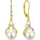VESHON Celtic Knot & Infinity Pearl Earrings for Women - 925 Sterling Silver Dangle Earrings with 9mm Freshwater Pearl, White/Rose/ 14K Gold Plated Jewelry Gifts