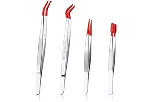 4pcs Stainless Steel Tweezers with Non Slip Rubber Straight/Flat/Long Curved Tips, Silicone Tipped Tweezers Tools for Jewelry