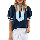 Cicy Bell Womens Color Block Puff Sleeve Blouses Summer Casual Dressy V Neck Tops Loose Fit Tee Shirts