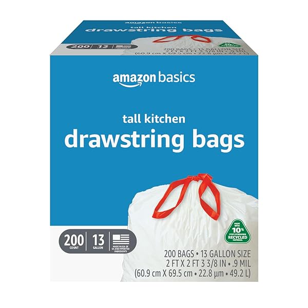 AMAZON BASICS 13 GALLON TALL KITCHEN DRAWSTRING TRASH BAGS, UNSCENTED, 10% POST CONSUMER RECYCLED, 200 COUNT
