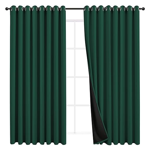 JSFLY 100% Blackout Curtains 84 inch Length for Bedroom, Thick Noise Reduction Thermal Insulated Grommet Window Drapes Light Blocking Curtains for Living Room, 2 Panels (108x84 inches,Hunter Green)
