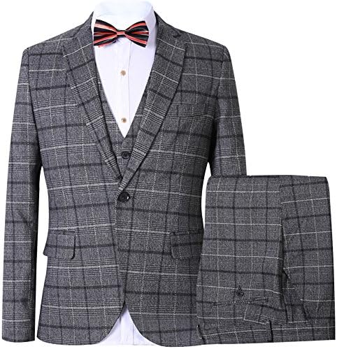 Men’s Slim Plaid Modern Fit One Button 3-Piece Suit Blazer Dress Suit Jacket Tux Vest &amp; Trousers (US XS 32 - CN M, Light Gray)