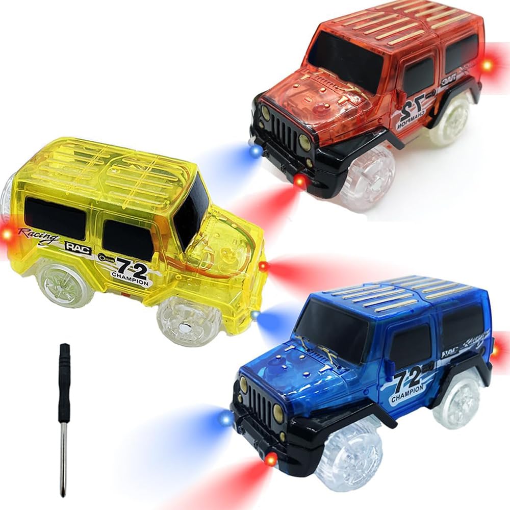 Photo 1 of ***MISSING ONE*** KERMCTCOKID Tracks Cars Replacement with LED Light Glow Car Toys, Glow in The Dark, Race Cars Track Compatible with Car Tracks Toys for Kids for Boy Girl Age 3-12 Years Old(3PCS)
