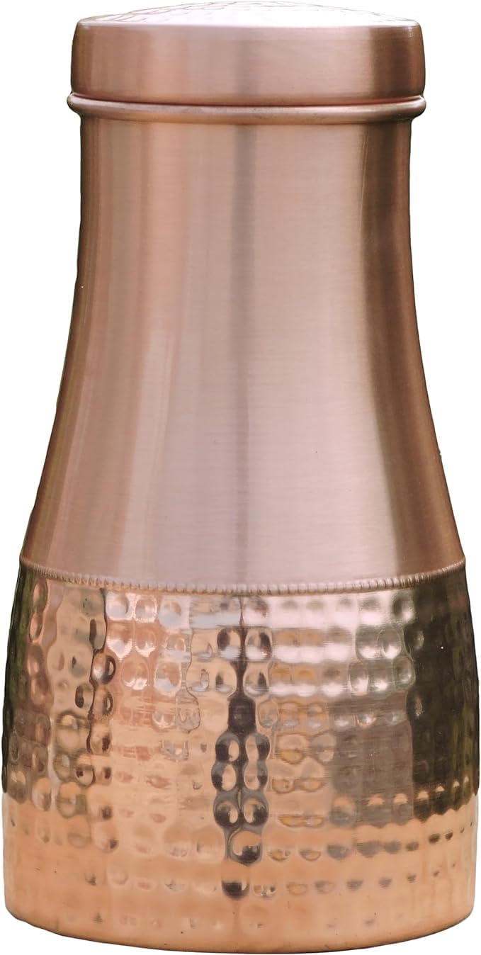 Pure Copper Bedside Carafe for Ayurveda Health Benefits - Capacity - 1 Liter (33.81 US Fluid Ounce) (Plain and Hammered)