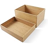 BAMOTTO CRAFTBAMBOO 2-Piece Large Bamboo Storage Box Set - 7.1in High Stackable Deep-Drawer Organizer, Lidless Bin for Kitchen Cutlery Utensils, Home & Office (14.6"x10.2"x7.1"+14.6"x10.2"x3.1")