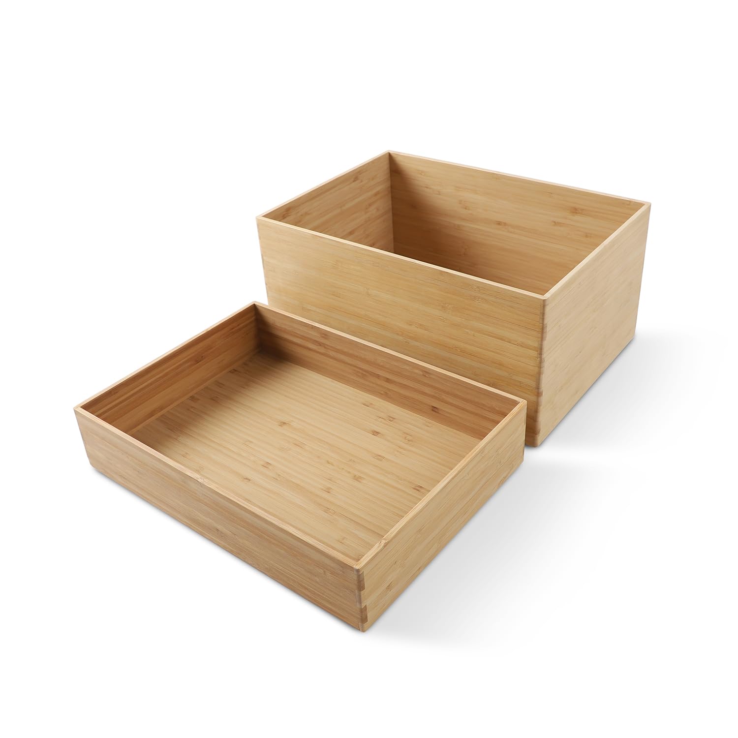 Photo 1 of 2-Piece Large Bamboo Storage Box Set, 7.1 in High Stackable Deep-Drawer Organizer for Kitchen Cutlery, Utensils & Knives, Lidless Wooden Bin for Homes & Offices (14.6"x10.2"x7.1"+14.6"x10.2"x3.1")