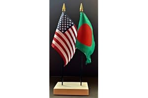 WORLD FLAGS DIRECT Made in USA. 1 American & 1 Country Miniature Rayon 4"x6" Office Desk & Little Hand Waving Table Flags, Includes 2-Hole White Flag Stand & 2 Deluxe Small 4"x6" Mini Flags (Bangladesh)