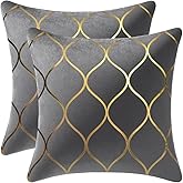 DEZENE Gold Velvet Throw Pillow Covers: 2 Pack 18x18 Inch Square Decorative Pillow Cases for Bedroom Sofa Couch Living Room, Light Grey