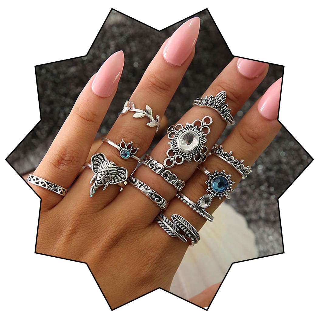 IYOU Vintage Gemstone Ring Sets Silver Crystal Knuckle Stacking Rings Boho Leaf Mid Rings jewelry for Women(12 pcs)