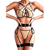 Kaei&Shi Criss Cross, Exotic Strappy, Thong Leg straps, 4 PC Garter Lingerie Set