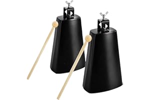 Acshio 2 Pack Metal Steel Cow Bells, 7 Inch Cowbell Noise Makers with Handle Stick, Hand Percussion Music Cowbell for Drumset Cheering Wedding Football Sport Games