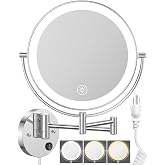 9" Wall Mounted LED Makeup Mirror, 1X/10X Magnifying Vanity Mirror, Corded | Large Size, Plug-in, Not Battery Operated, Extended Arm, 3 Color Lights, 360&deg; Swivel, 2-Sided, Touch Dimmable