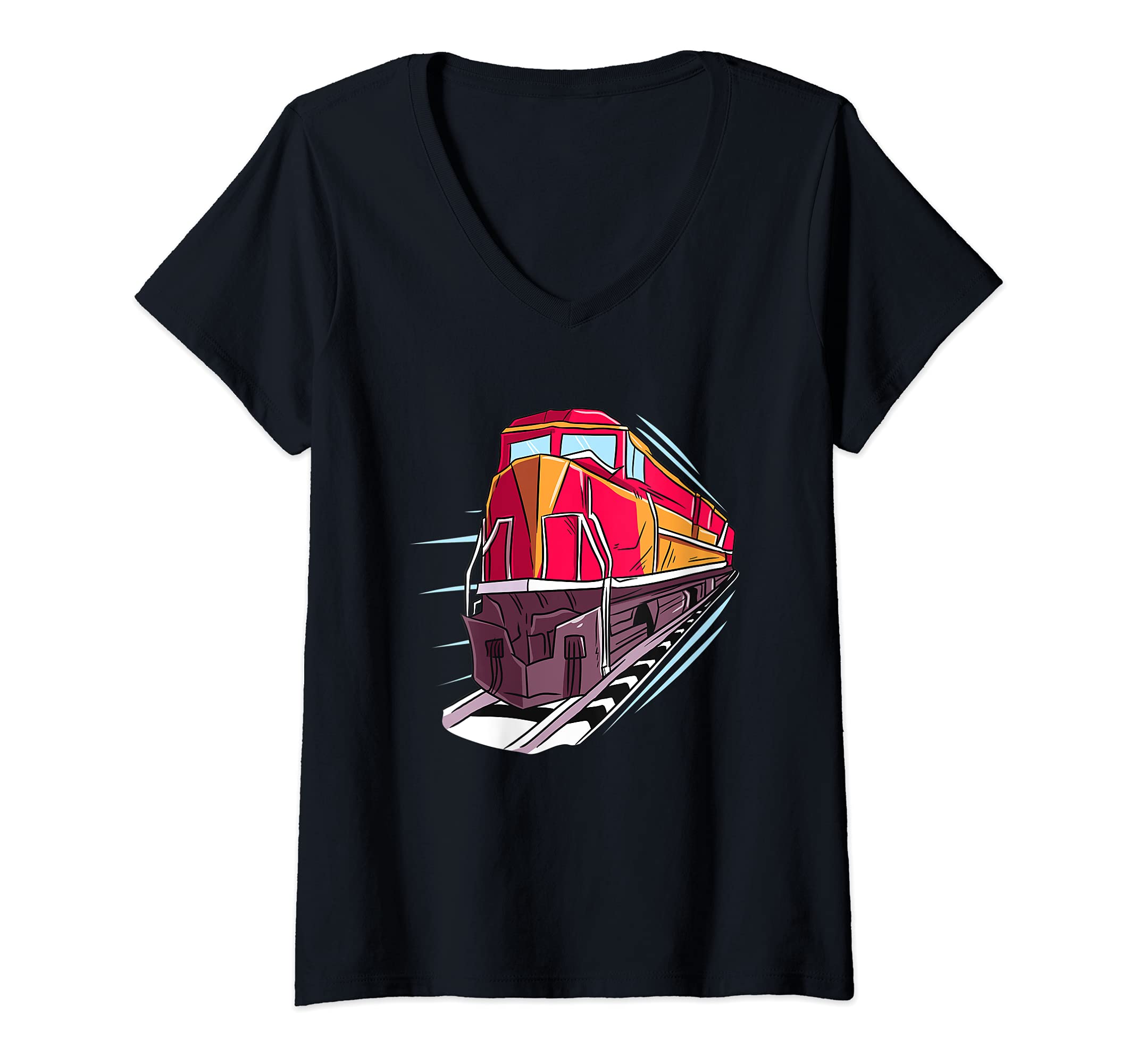 Womens Passenger Train - Freight Train- Model Train Gift -Railfan V-Neck T-Shirt