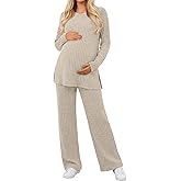 Sweetyweee Women's Maternity Pajamas Sets 2 Piece Outfits Ribbed Long Sleeve Round Neck Tops Pants Pregnancy Loungewear