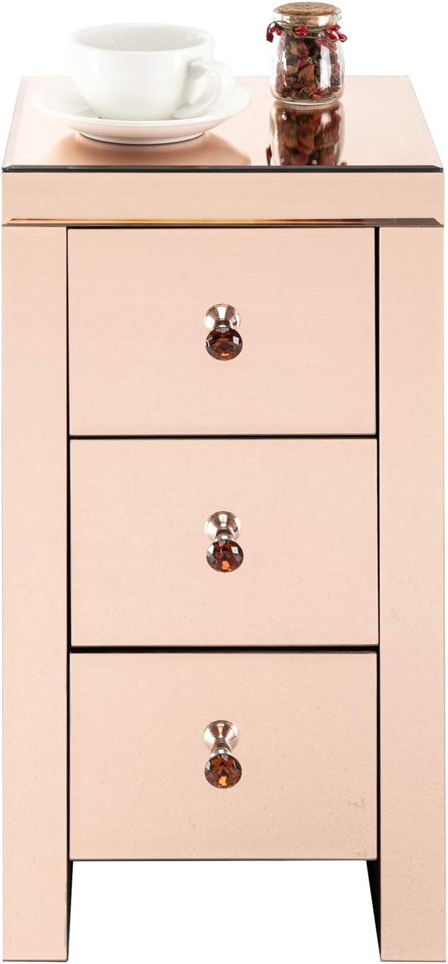 Ssline Mirrored End Table 3 Drawer Dresser Chest Deluxe Modern Glass Nightstand Bedside Table Silver Finish Entryway Console Table Cabinet Entry Tables