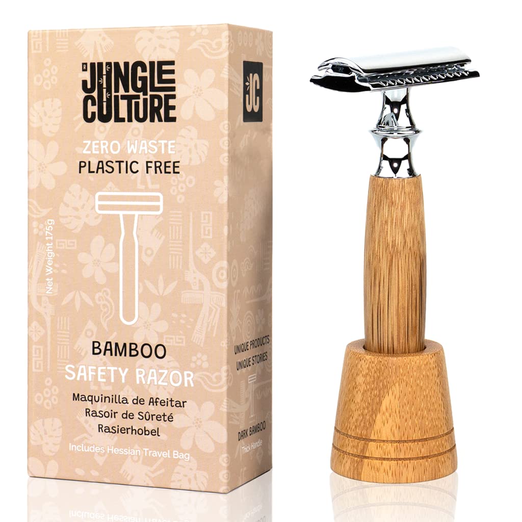 Jungle Culture® Bamboo Safety Razor for Men & Women with STAND • Premium Eco Friendly Razor & Travel Bag • Fits Double Edge Razor Blades • Single Blade Reusable Razor • Plastic Free Zero Waste • Light