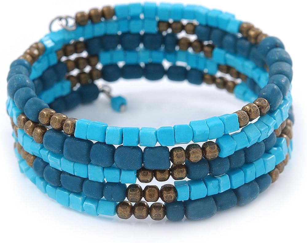 Avalaya Azure/Turquoise Stone Bead Multistrand Coiled Flex Bracelet Bangle - Adjustable, bronze, cyan / aqua, teal