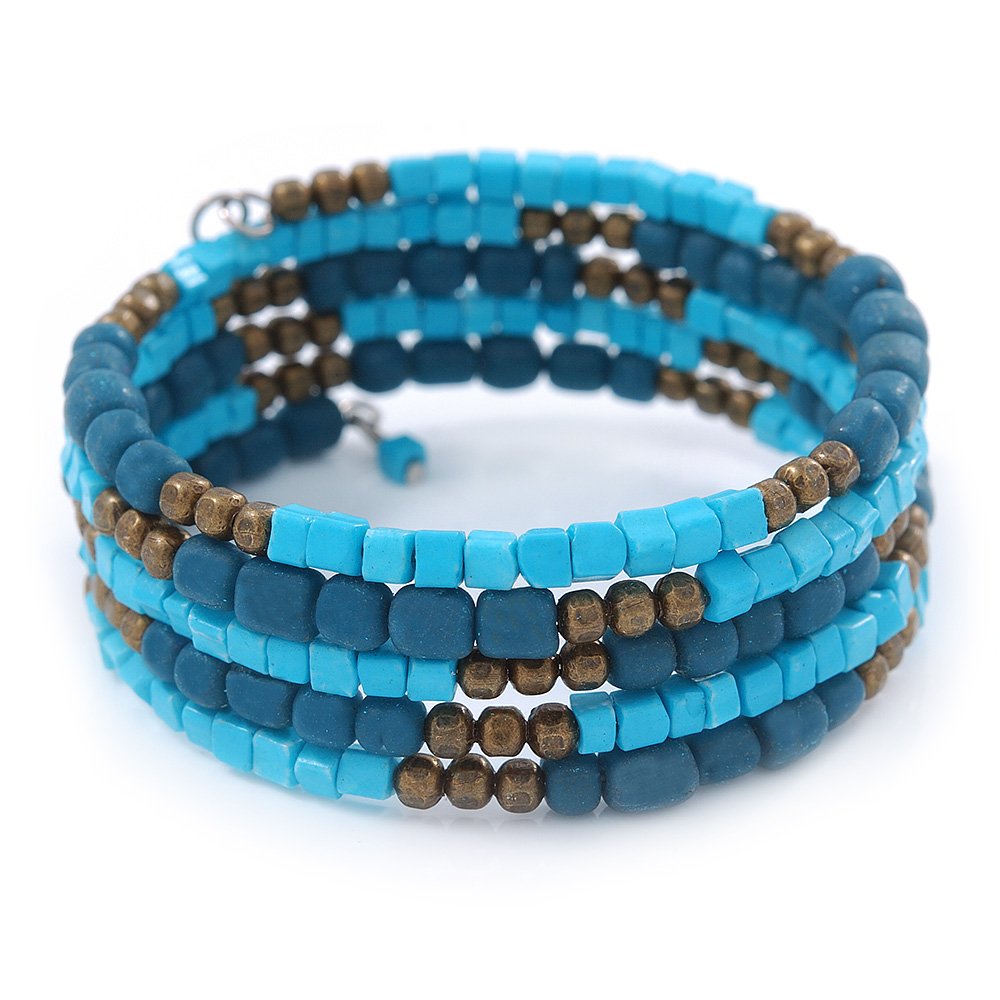 Avalaya Azure/Turquoise Stone Bead Multistrand Coiled Flex Bracelet Bangle - Adjustable