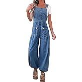 yoeasy Women's Denim Bib Overalls Lotus Tube Wide Leg Baggy Jeans Adjustable Strap Pleated Jumpsuits with Drawstring