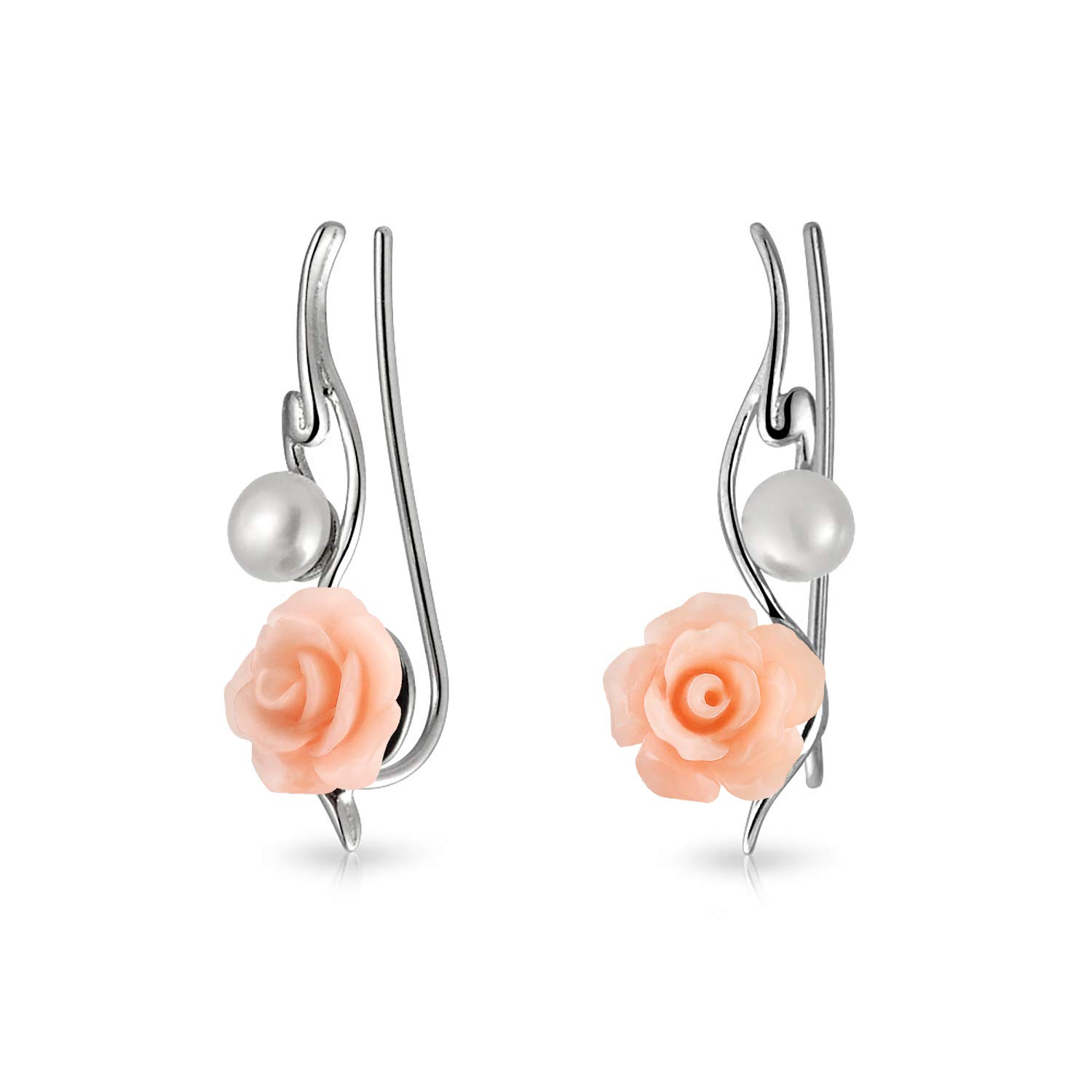 Trendy 3D Pink Rose Flower White Freshwater Cultured Pearl Wire Ear Pin Climbers Crawlers Earrings For Women .925 Sterling Silver