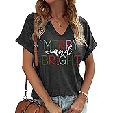 Earlymemb Womens Christmas V Neck Shirt Funny Xmas Holiday Graphic Short Sleeve Tee Family Holiday T-Shirt Blouse