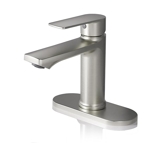 BELZ BRUSHED NICKEL BATHROOM FAUCET, MODERN SINGLE HANDLE ONE HOLE BATH VANITY SINK FAUCET WITH POP UP DRAIN AND DECK PLATE FOR 1 OR 3 HOLES