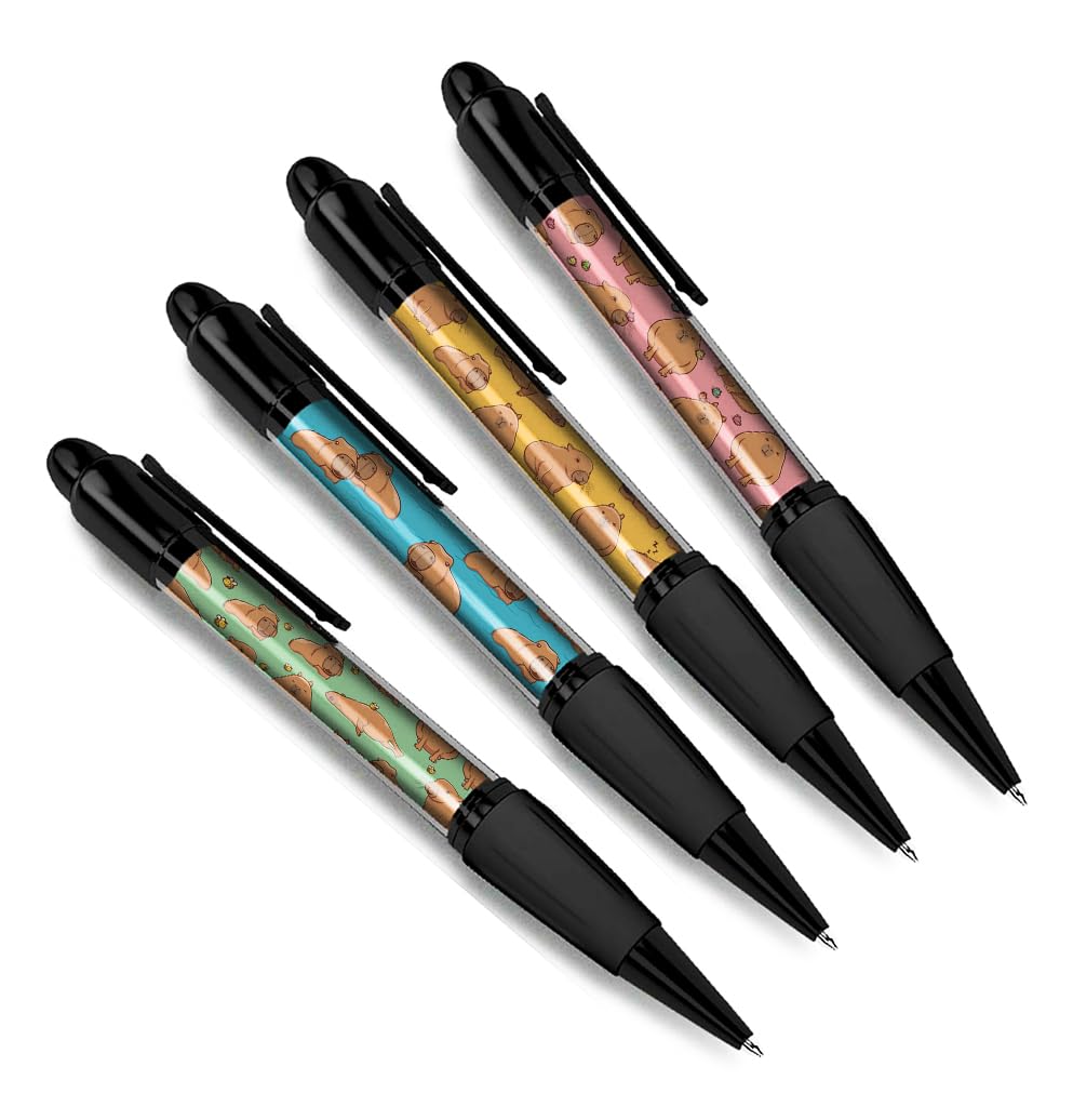 DV DESIGN Set of 4 Capybara Black Ballpoint Pens - Wild Rodent Cartoon Animals Pattern Funny Cute Themed Boys Girls Men Women Pen Gift #81060
