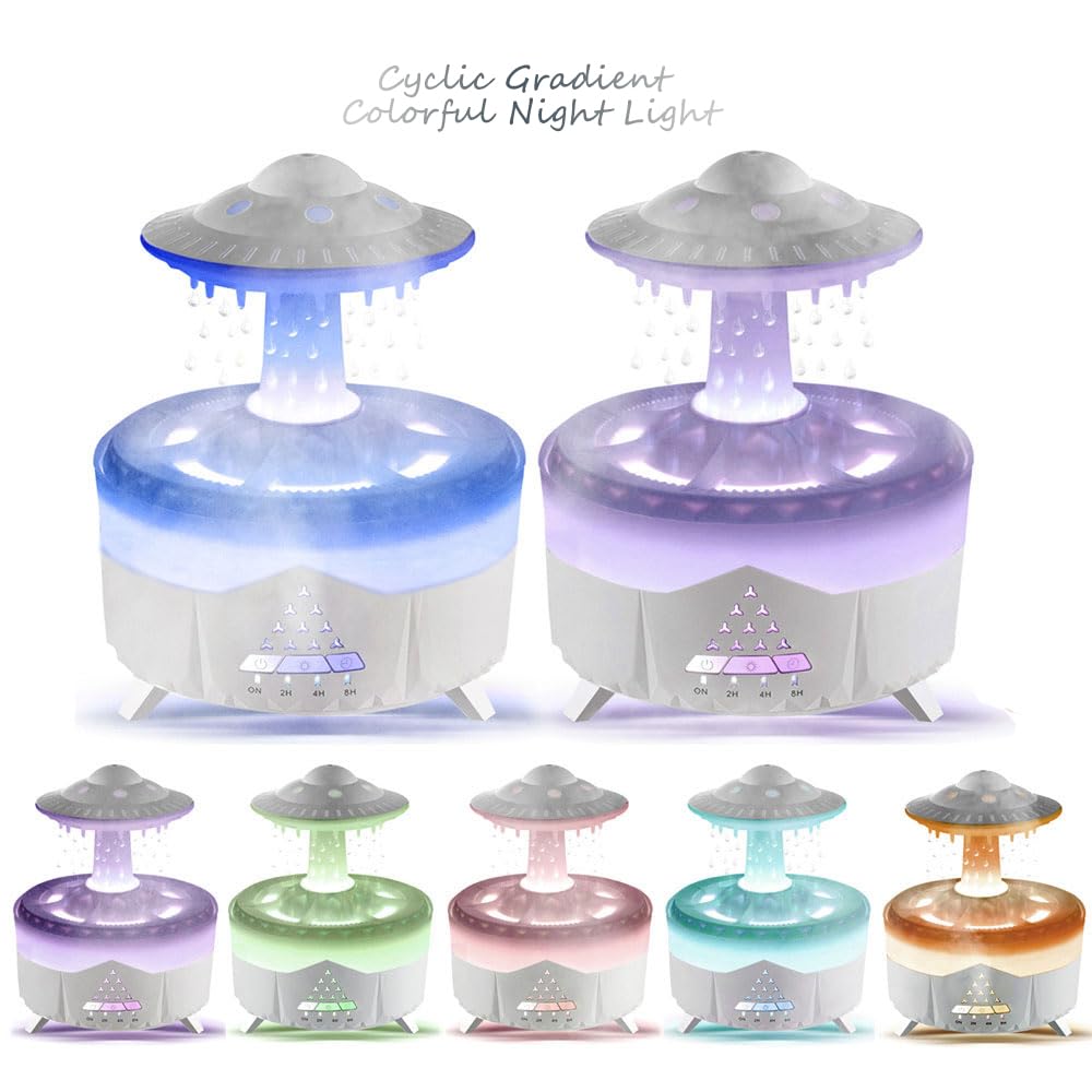 Essential Oils Diffusers Rain Humidifier for Large Room, 5 in 1 Ultrasonic Rain Drop Aroma Diffusers for Home, Colorful Mushroom Lamp Water Drip Rain Cloud Humidifier with Rain Sounds