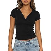 PrettyGuide Womens Short Sleeve Cotton Jersey Tops V Neck Henley T Shirts Slim Fit Casual Summer Tops Basic Tee Shirts