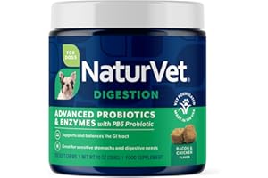 NaturVet Advanced Probiotics & Enzymes, PB6 Dog Soft Chews to Help Sensitive Stomachs and Digestive Issues, Hickory Smoked Bacon Flavored Pet Supplement for Dogs Over 6 Weeks, 120 Count Jar