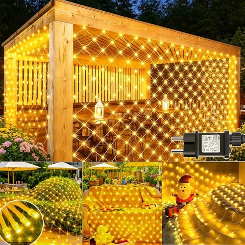 Joycome Outdoor Christmas Light Net 3 x 2 m 200 LED Net Lights with Plug, Timer, 8 Modes Christmas Tree Lights Waterproof Light Curtain for Balcony Garden Ceiling Terrace – Warm White