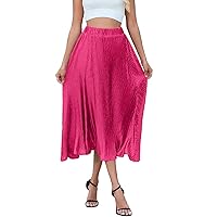 F·Y·YIYI Pleated Skirt for Women Midi High Elastic Waisted A-Line Swing Skirt Wrinkle-Resistant & Lightweight for Casual Elegant Wear (US, Alpha, Medium, Regular, Long, Rose)