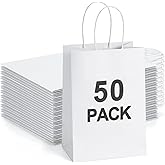 BagDream Small Gift Bags with Handles 50Pcs 5.25x3x8 Inches Kraft Paper Bags Bulk for Party Favor, Retail, Merchandise, Wedding, Gifts, Recyclable White Paper Sacks