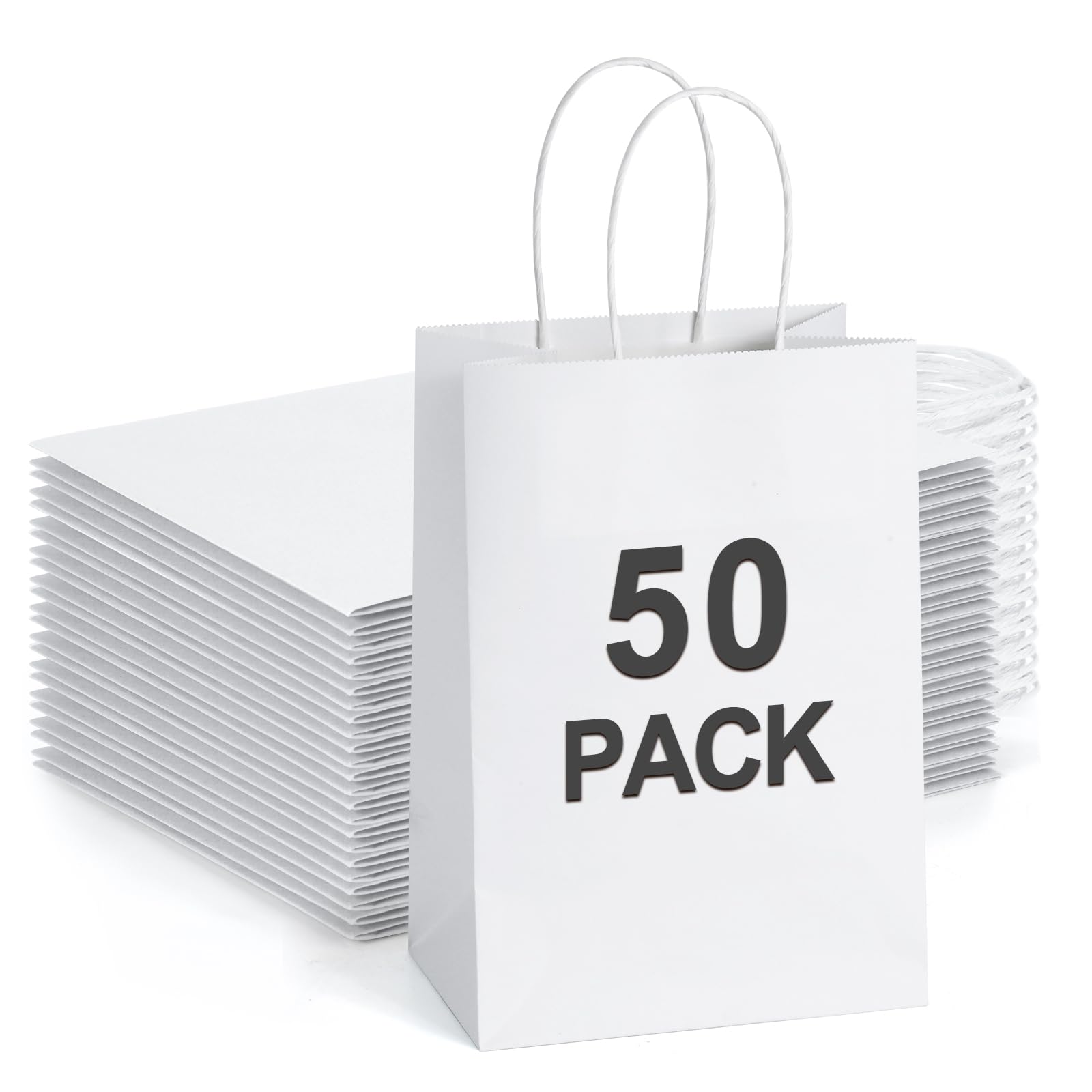 BagDream Small Gift Bags with Handles 50Pcs 5.25x3x8 Inches Kraft Paper Bags Bulk for Party Favor, Retail, Merchandise, Wedding, Gifts, Recyclable White Paper Sacks
