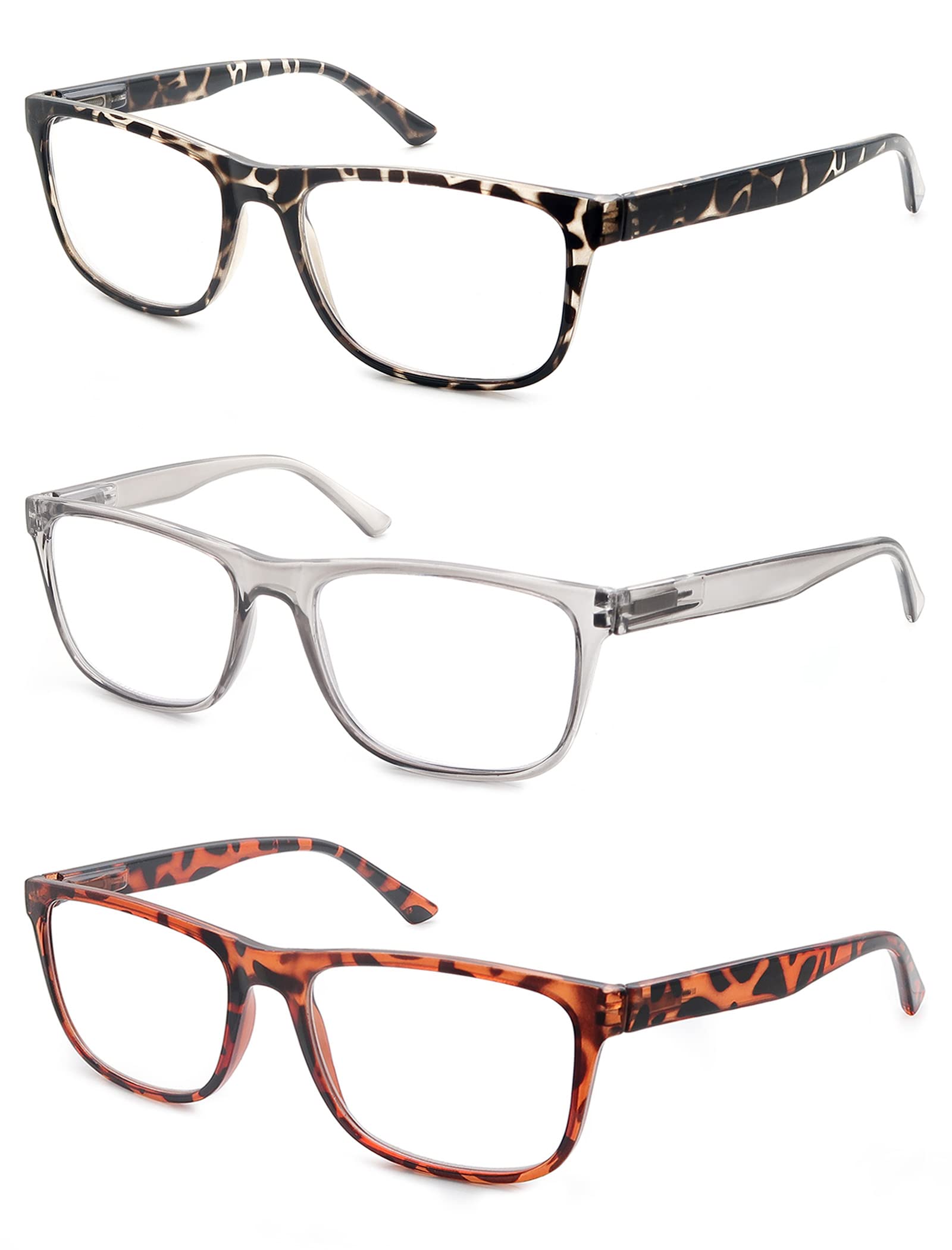 MODFANS 3-Pack Reading Glasses for Men Women,Readers Glasses Lightweight Comfort Spring Hinge,Large Square Eyeglasses with Pouch,Color Tortoiseshell-Brown-Grey