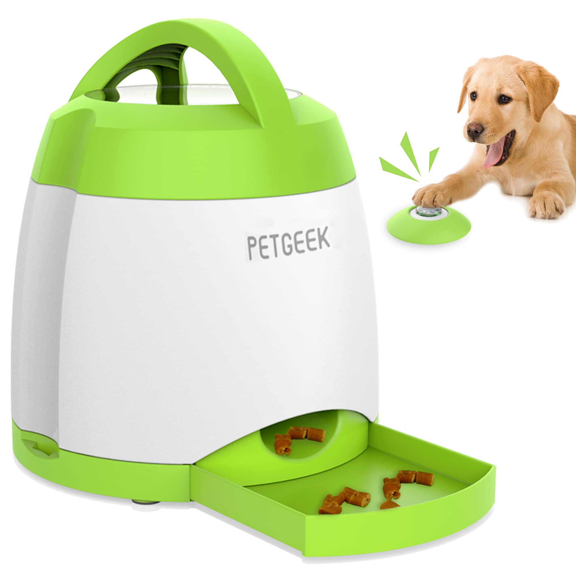 Photo 1 of PETGEEK Automatic Dog Treat Dispenser with Button - Puzzle Memory Training Feeder, Pet Geek Button Treat Food Dispensing Toys Interactive, Iq Training Dog Feeder (Green)
