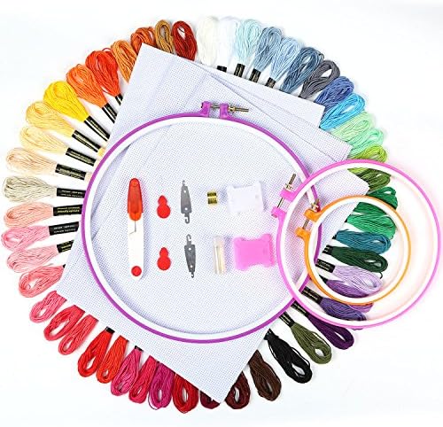 Kara Mega Full Set of Embroidery Beginner Kit Cross Stitch Tool Kit Including 50 Color Threads, 3 Pieces Embroidery Hoops, 3 Pieces 12 by 18-Inch 11 Count Classic Aida Cloth and Cross Stitch Tool Kit