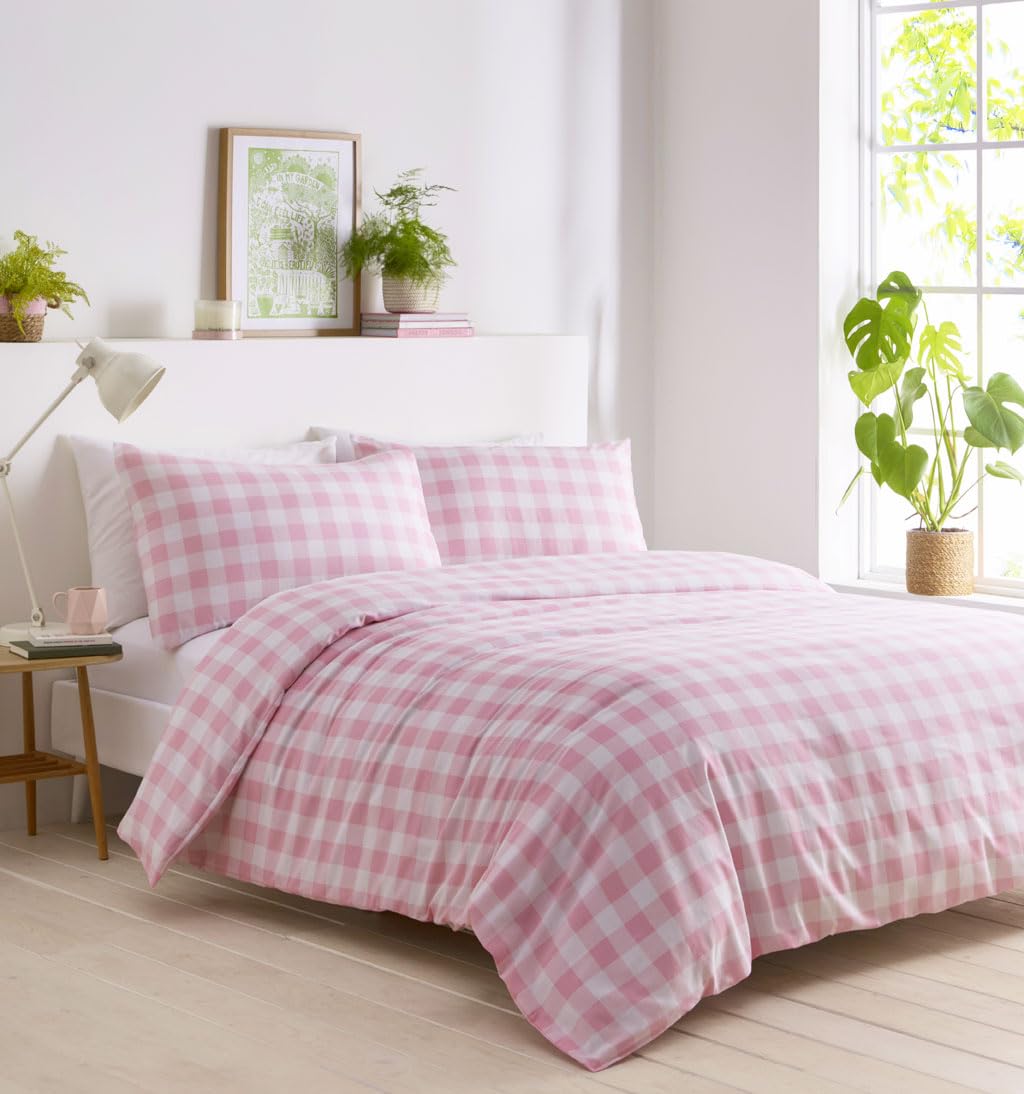 Gingham Duvet Sets Check Bedding Quilt Cover Pillow Cases (Pink, King)