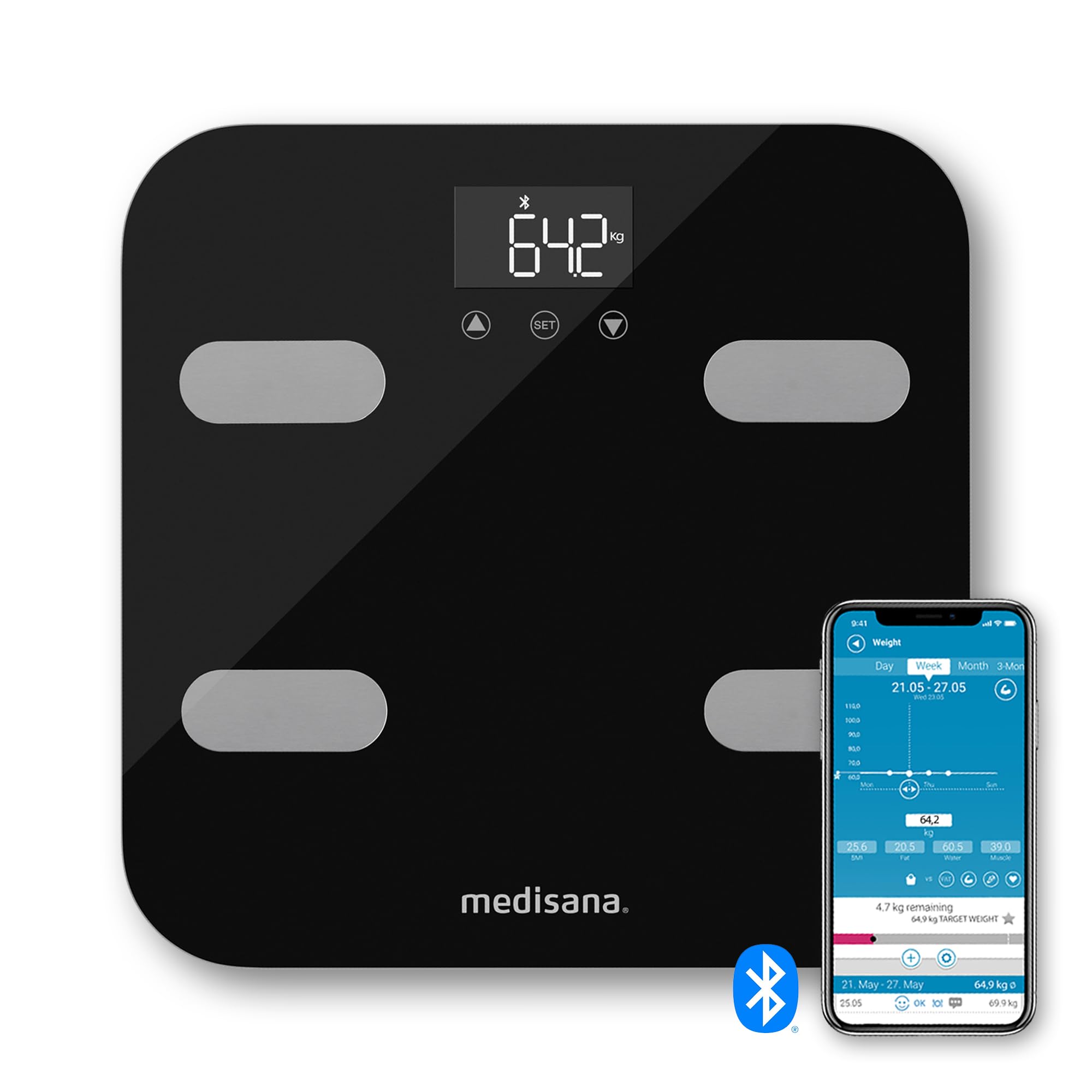 Medisana BS 602 connect WiFi and Bluetooth Body analysis scale – Digital Bathroom Scales with Body Fat, Muscle and Bone Mass, Heart Rate, BMI and BMR, Automatic User Detection