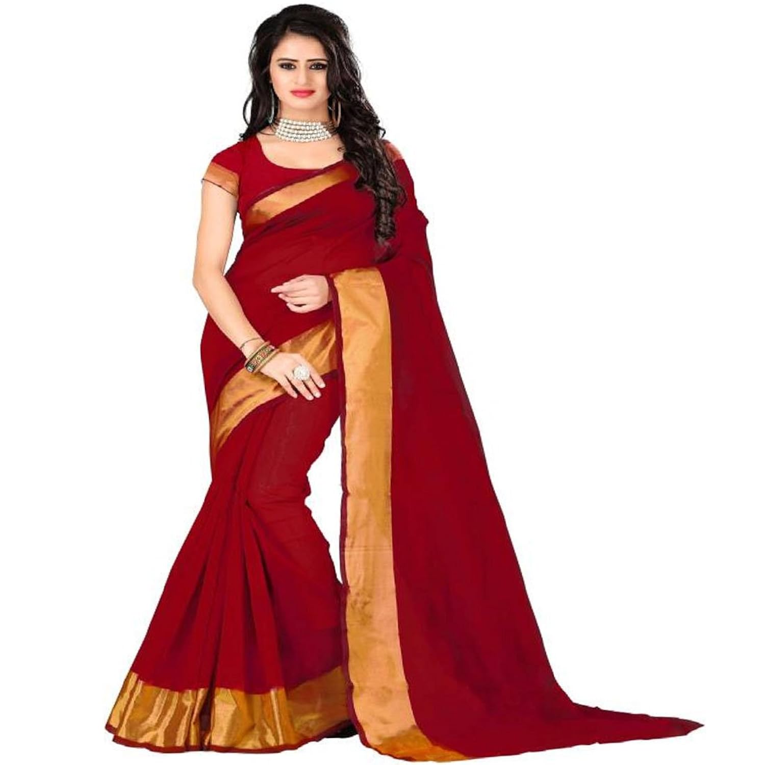 pramukh suppliers cotton saree with blouse piece (d_r_12345_red_free size)